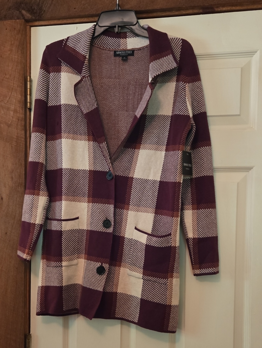 Absolutely Famous Women's Burgundy & Cream Plaid Button Up Sweater Coat Sz S Nwt